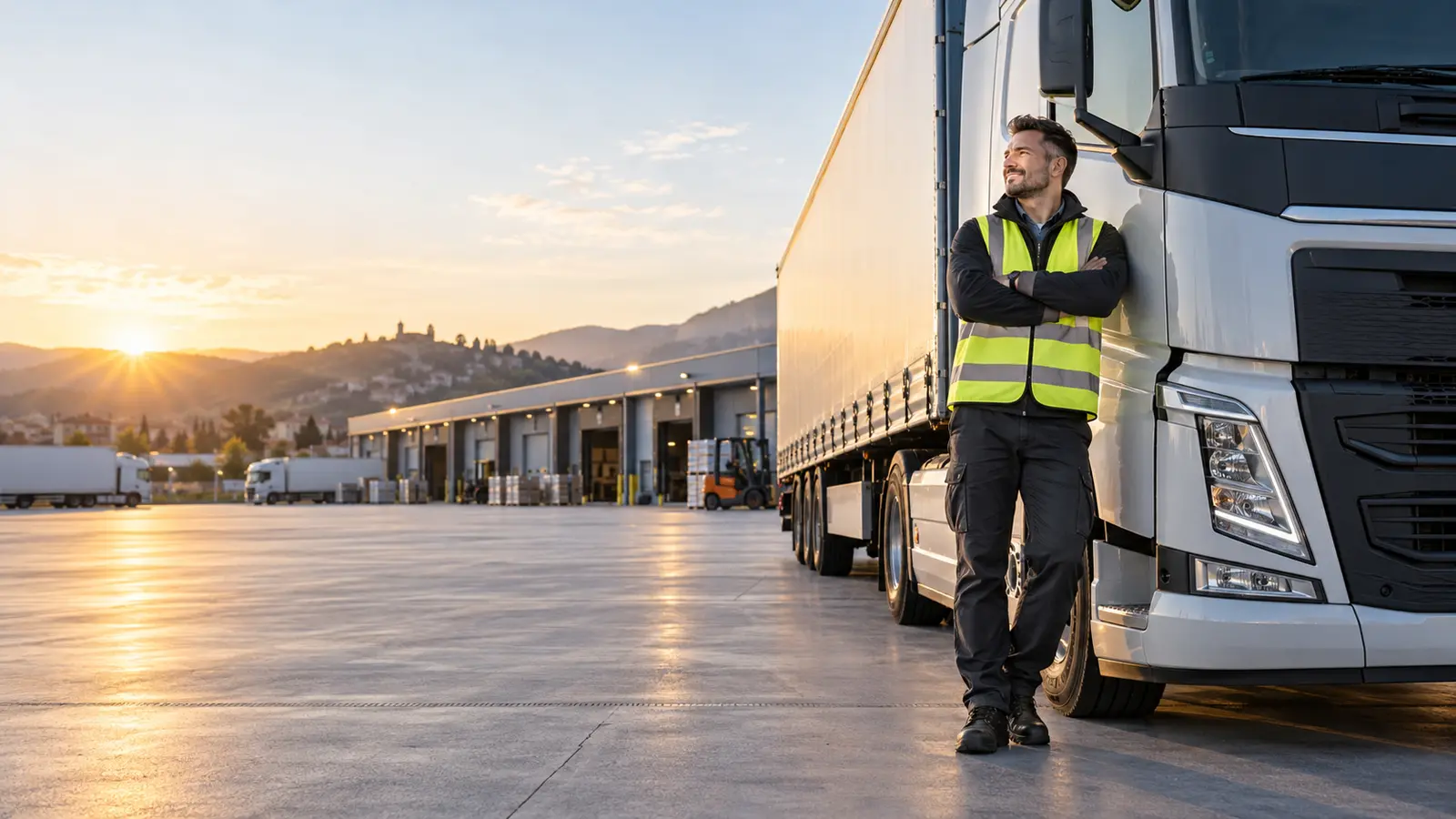 Autista professionale accanto a un camion in un centro logistico