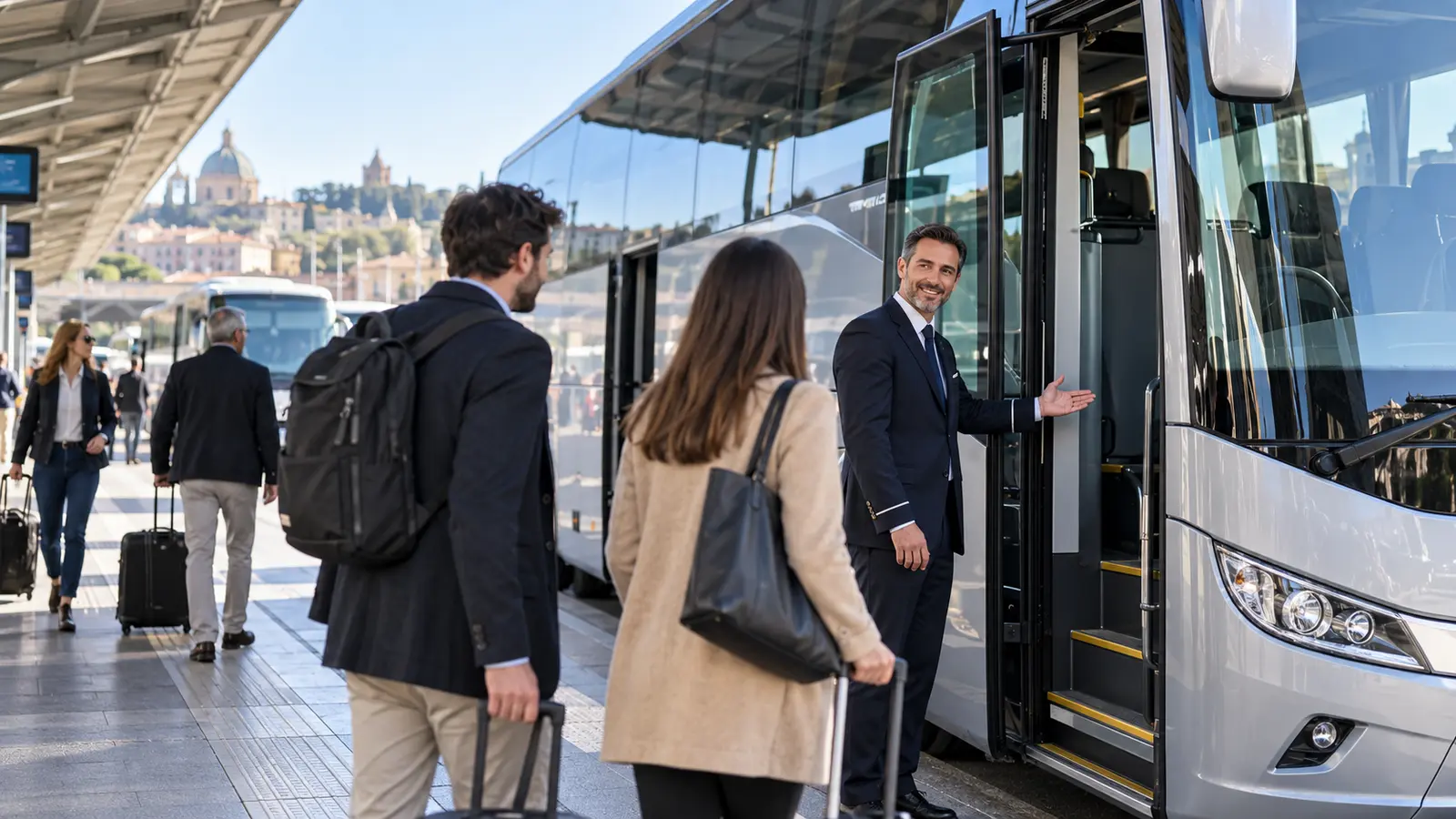 Autista professionale accoglie i passeggeri su un autobus moderno